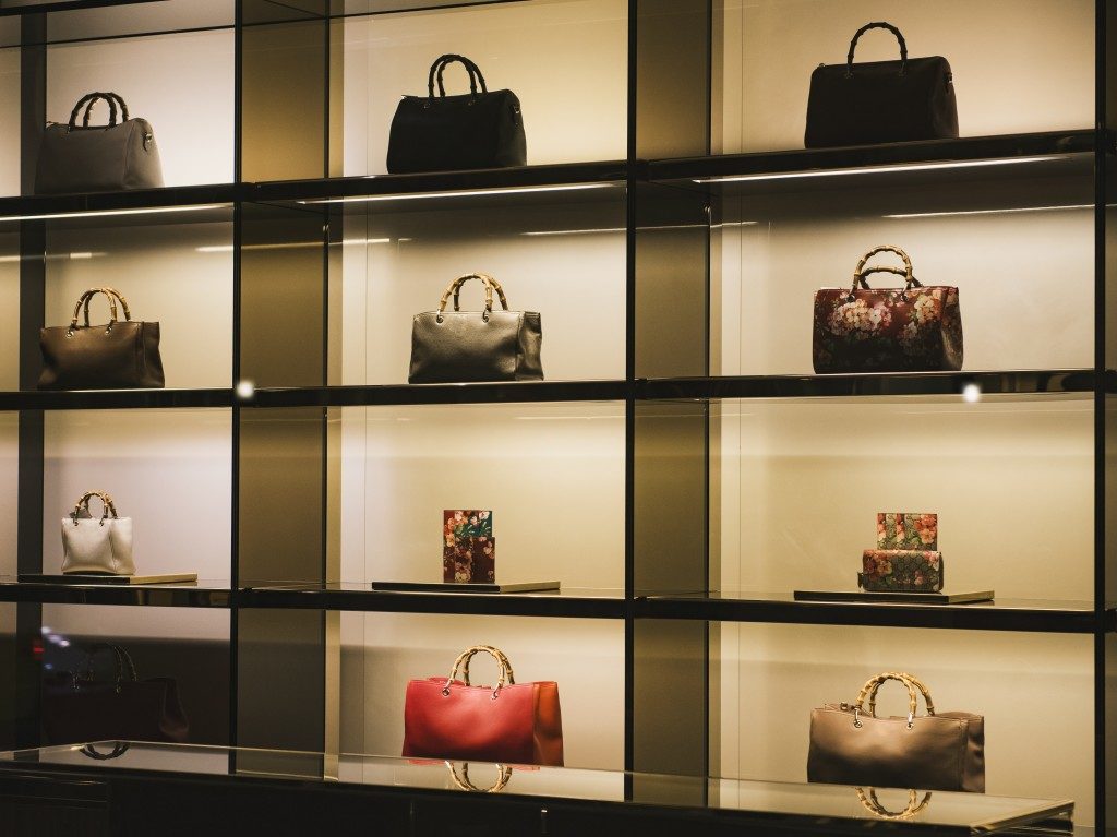 Handbags in a luxury fashion store