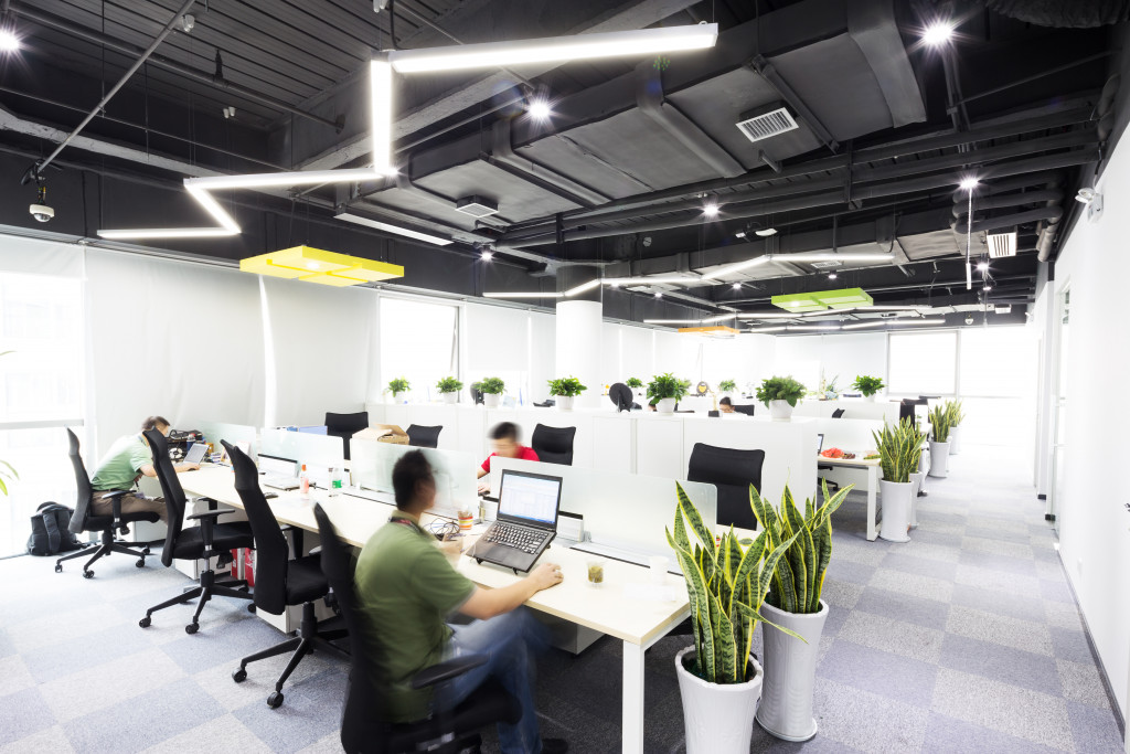 An interior of a modern office workpace
